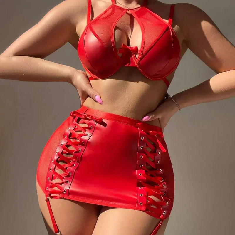 مثير انظر من خلال إغراء مجموعة الغريبة الجلد الجلود تنورة بعقب تغطي الملابس الداخلية تخزين حزام أربع قطع مجموعة لها