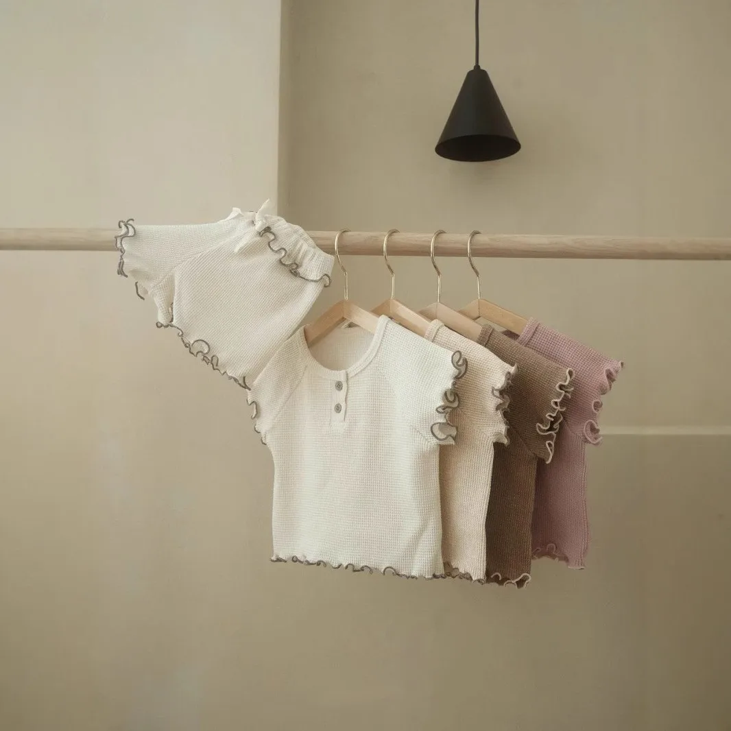 

Новый костюм с короткими рукавами для девочек, летняя детская вафельная волна, футболка с короткими рукавами, шорты, костюм-двойка