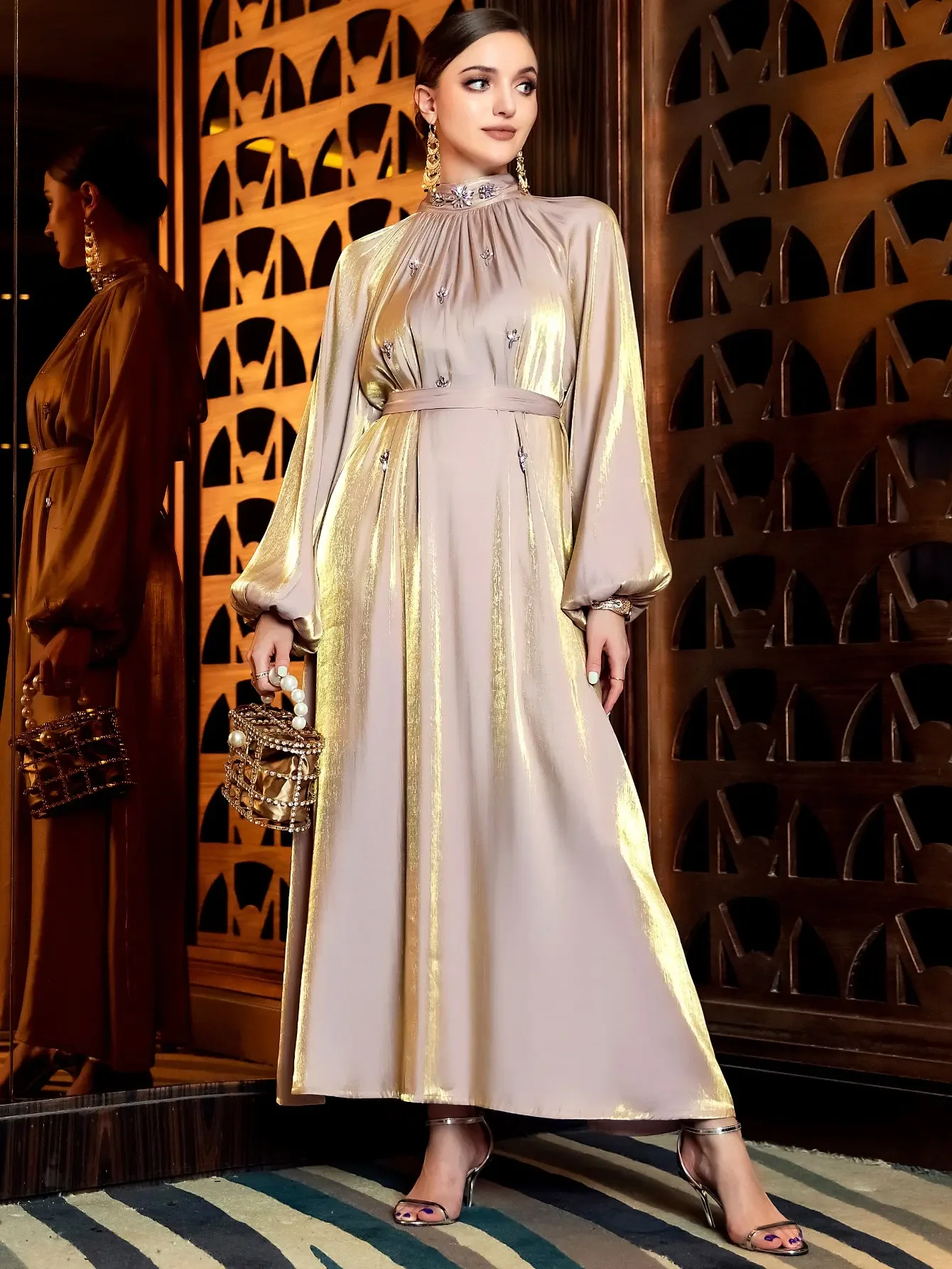 Eid Muslim Evening Dress for Women Abaya Diamond Silky Jalabiya Morocco Party Dresses Half High Neck Abayas Kaftan Vestidos Robe