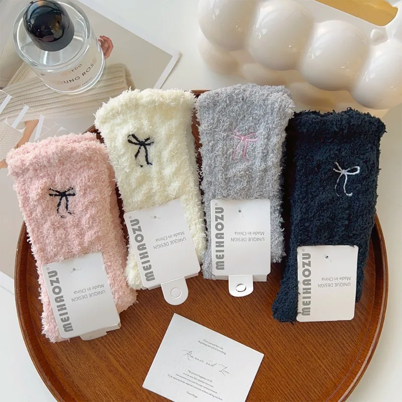 1/4Pairs Thick Plush Mid Tube Socks Women Coral Fleece Soild Color Thickened Warm Winter Harajuku Fashion Simple Home Sleep Sock image 4
