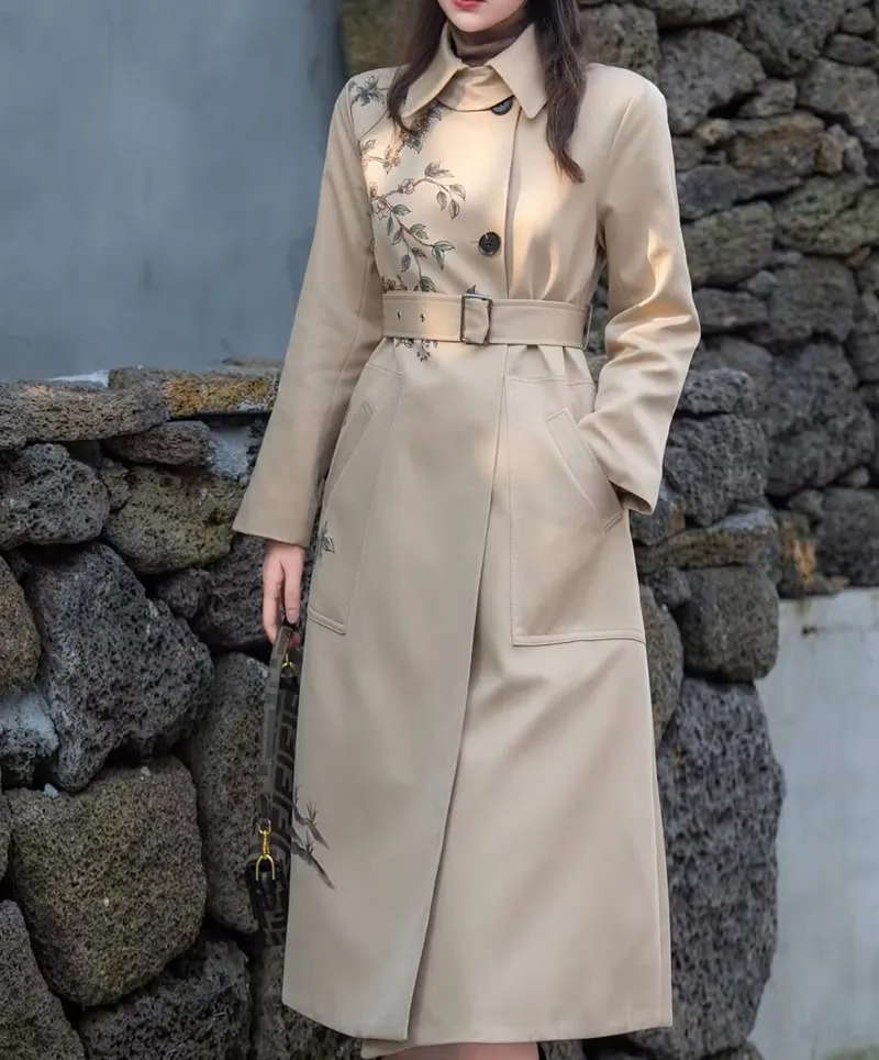 Fashion Turn-down Collar apricot trench coat Luxury flower print women coat