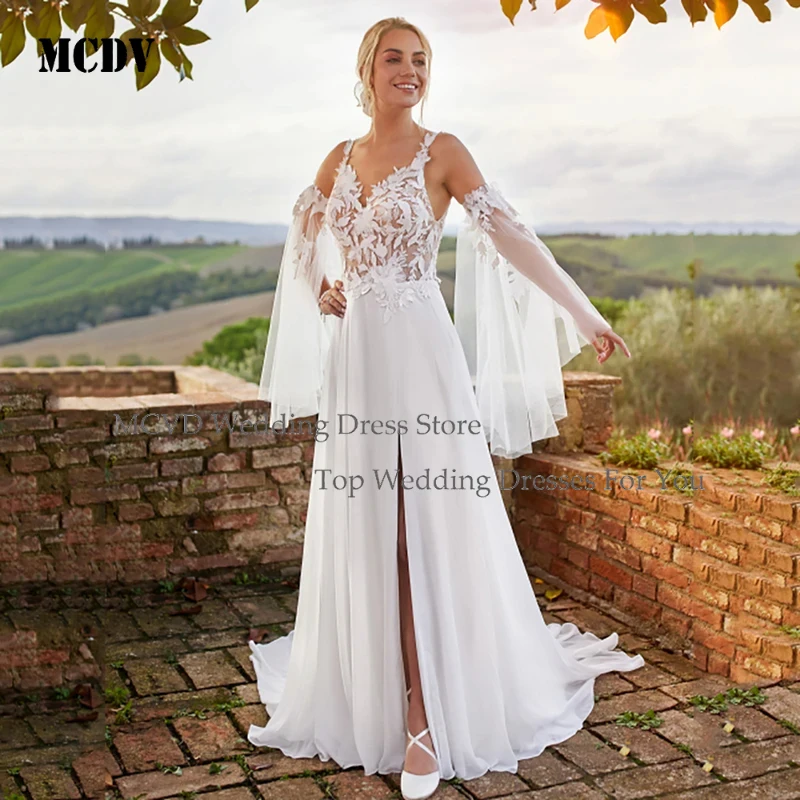 

2026 A Line Wedding Dresses Deep V Neck Brides Dress Lace Appliques Detachable Tulle Sleeves Slit Bridal Gown Customized MCDV