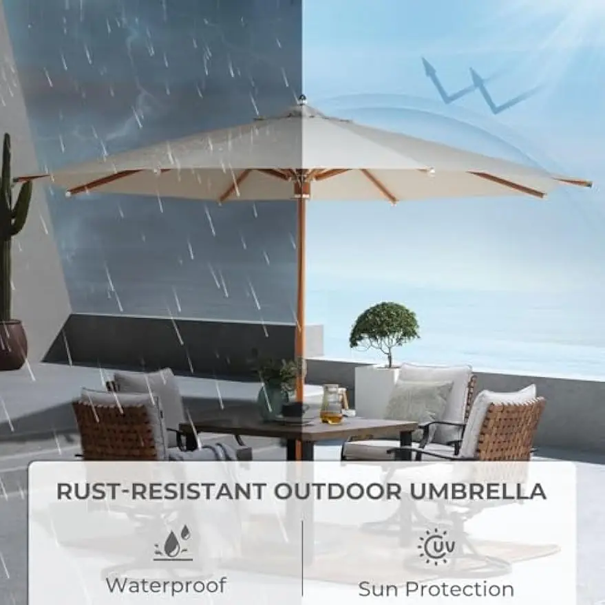11 FT 10-Year-Non-Fading Patio Umbrella, Outdoor Umbrella with 8 Faux-Wood Grain Aluminum Ribs, Market Umbrella with Pulley Lift