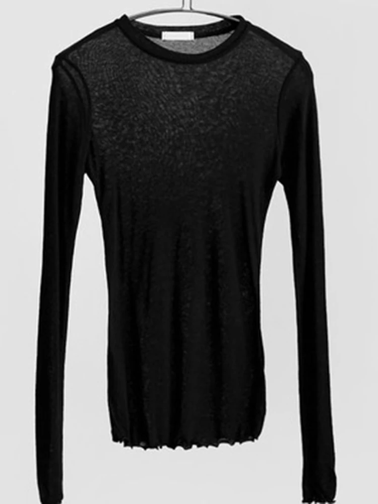 Hohe Qualität Plain T Shirt Frauen Elastische Grundlegende T-shirts Weibliche Casual Tops Langarm Sexy Dünne T-shirt durchsichtig