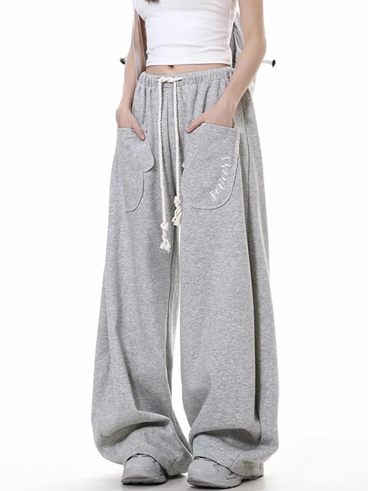 Zoki High Quality Y2K Gray Sweatpants Women Loose American Streetwear Trousers Casual Lace Up Female Pockets Wide Leg Pants New