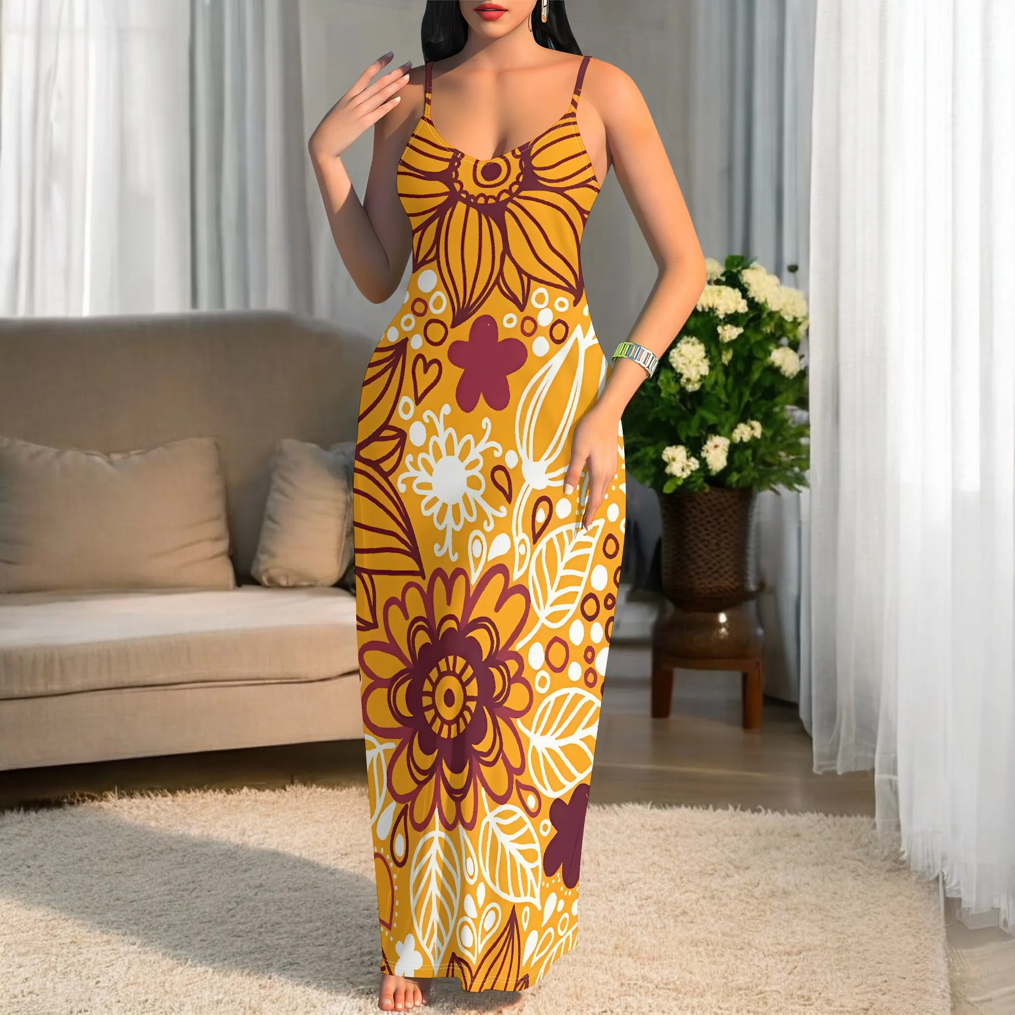 Boho Spaghetti Strap Maxi Dress Women Yellow Floral Print Vacation Sleeveless Sundress