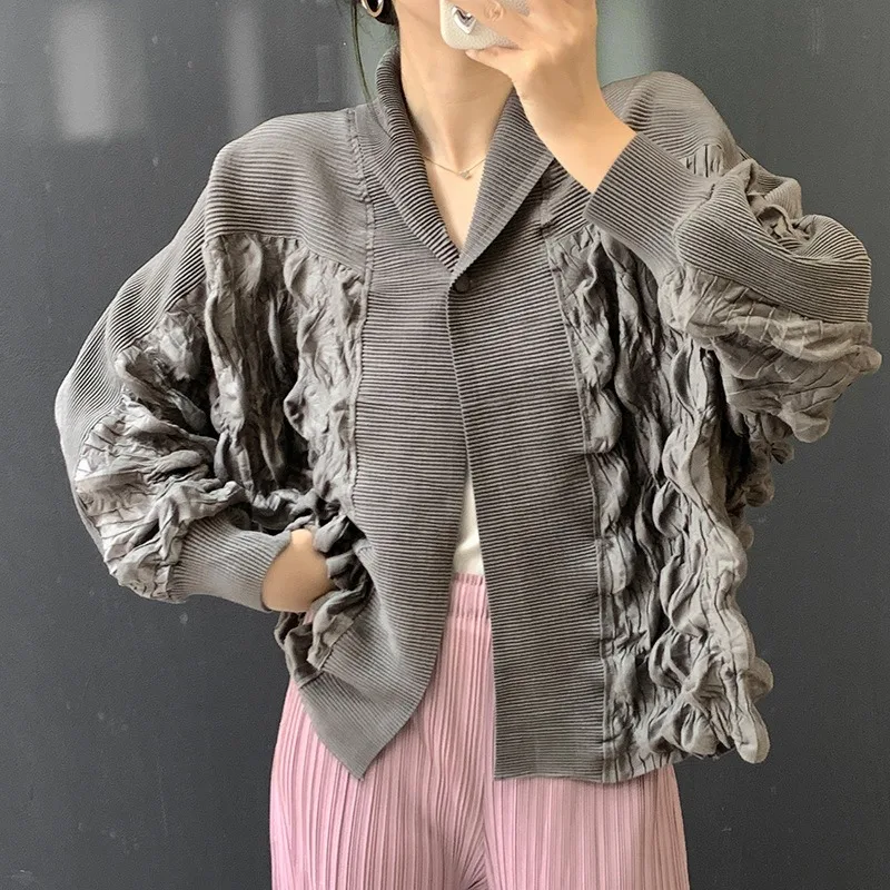 

Miyake Handmade Bubble Pleated Cardigan Top 2026 Spring New Versatile Commuter Jacket Plus Size Stretchy Casual Women's Clothing