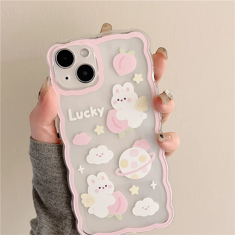 Cute Rabbit Soft Wavy Phone Case For iPhone 11 Case iPhone 14 Pro Max 15 Pro 13 Mini 12 Xsmax X Xr 7 8 14 15 Plus SE 2020 Funda