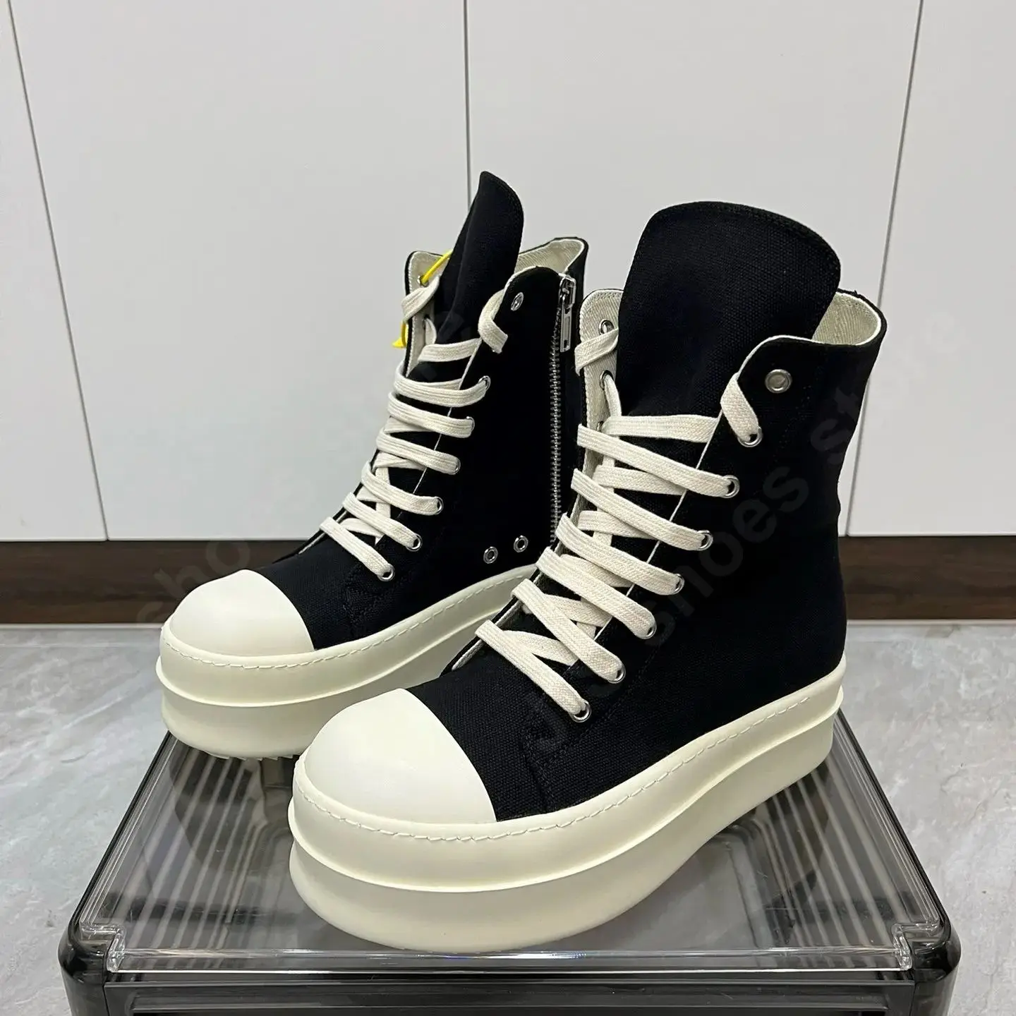 RO Brand Men Shoe Ricks High Top Canvas Shoes Black Women Height Increasing 6cm Thick Sole Shoes Casual Shoes Zip Owens Sneakers