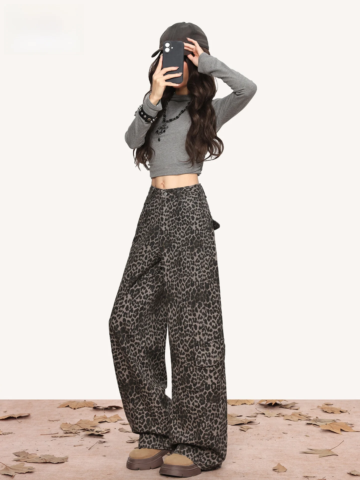 

Джинсовые брюки в американском стиле с высокой талией, свободного кроя, с леопардовым принтом, женские, весенне-летние, повседневные, модные.