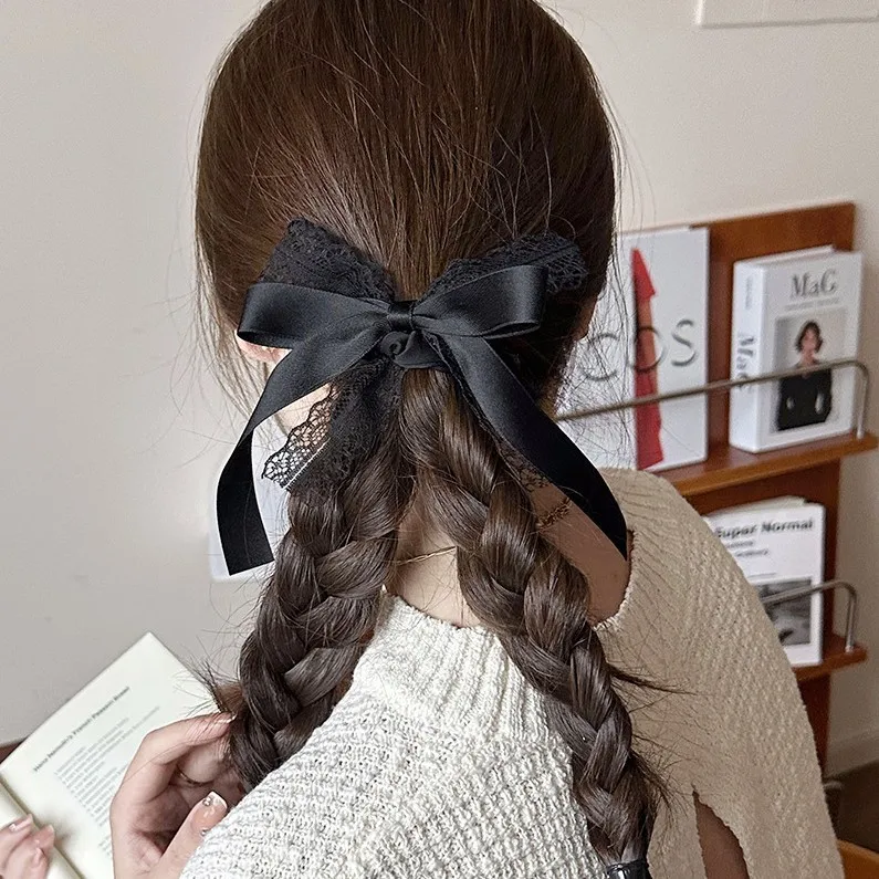 

Lace Ribbon Bow Hair Tie French Premium Chic Black Ponytail Holder for Women Daily Elegant Use High Quality