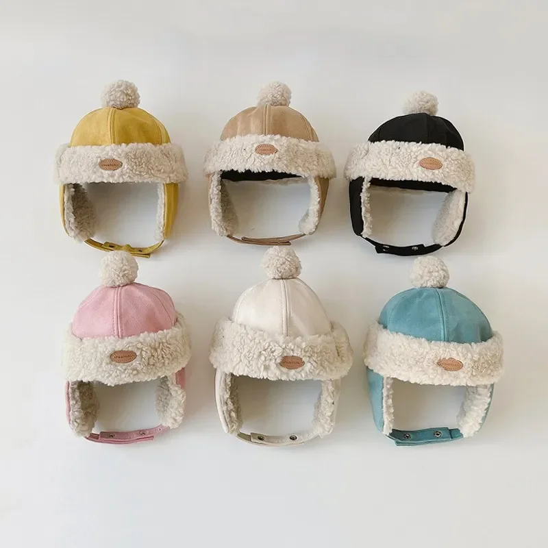 MiniAinis Winter Baby Plus Velvet Earmuffs Warm Cap Boy Girl Children Fashion Patch Hat Kids Solid Hats Infant Accessories