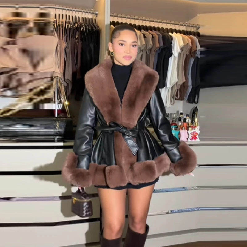 Luxury Faux Fur Collar Patchwork Jacket for Women Long Sleeve Belt Leather Coats Fashion Street Outwears 2025 New Lady Jackets