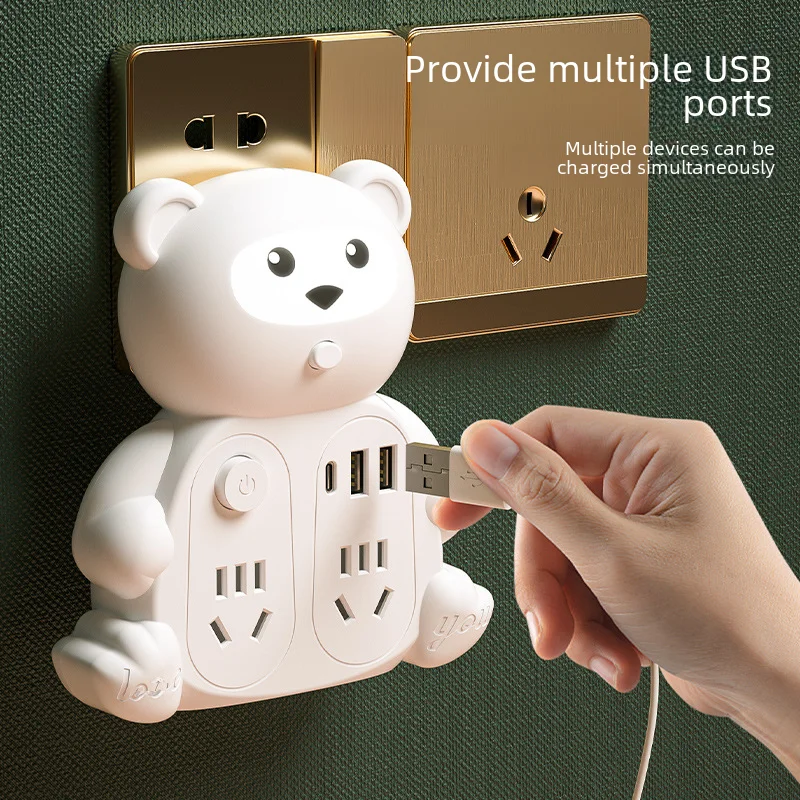 New Creative Cartoon Panda Power Converter Plug Student Dormitory Multi-side Plug Small Night Light Usb Charging Convenient