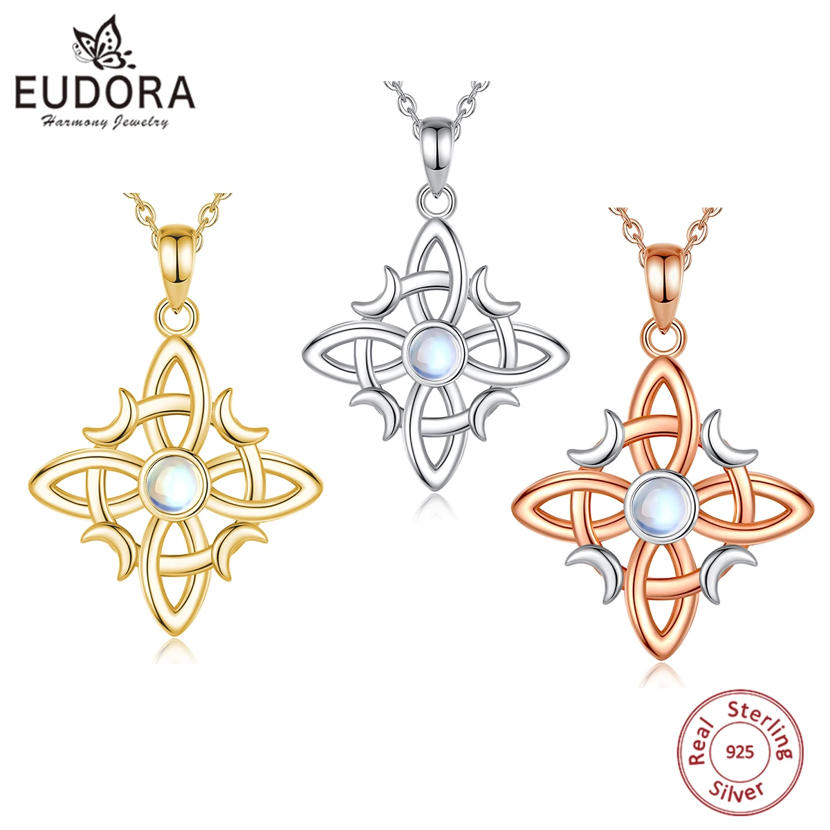 

Eudora Original 925 Sterling Silver Witch Celtic Knot Necklace for Women Moonstone Witchcraft Amulet Pendant Wicca Jewelry Gift