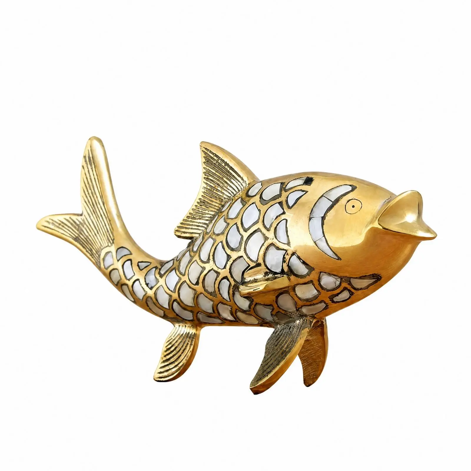 Fish Figurine with Silver Scale Accents Engraved Copper Carvings Figurine Details for Cabinet Cabinet, Shelf Display, Office