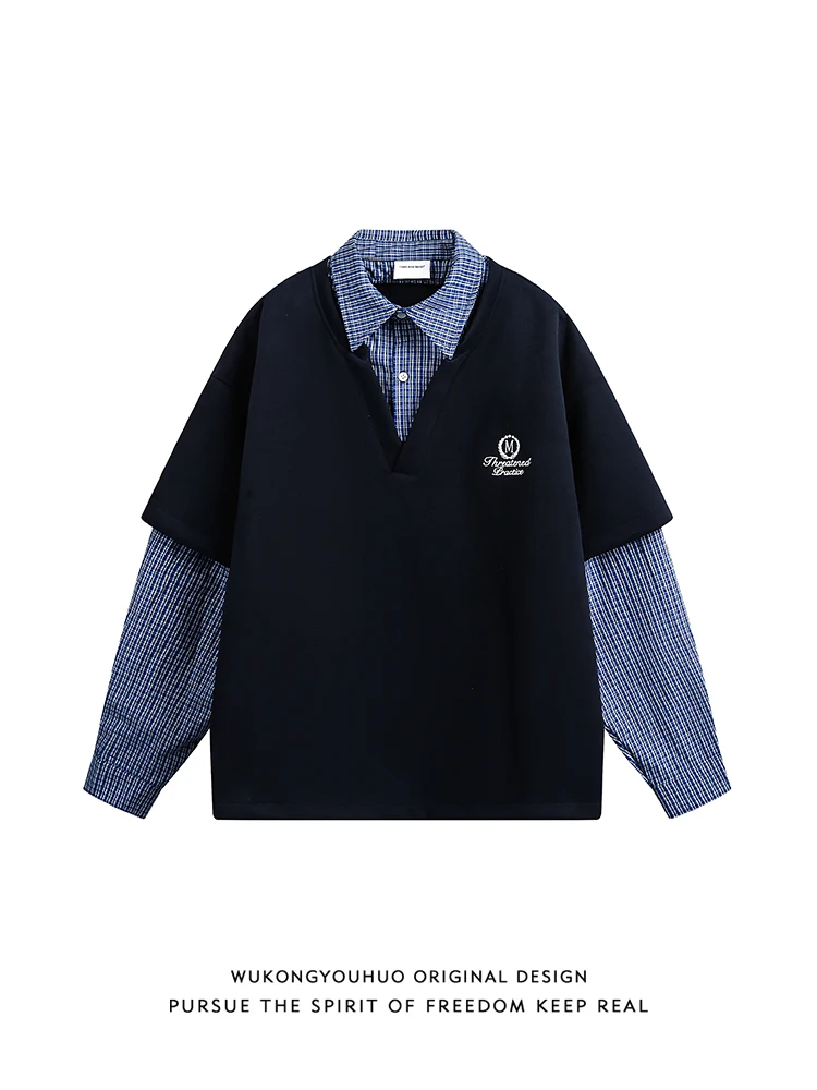 

Свободная удлиненная винтажная куртка в стиле преппи, имитация двухслойной одежды, верхняя одежда для пар, мужская мода, осенний сезон, стандартная длина