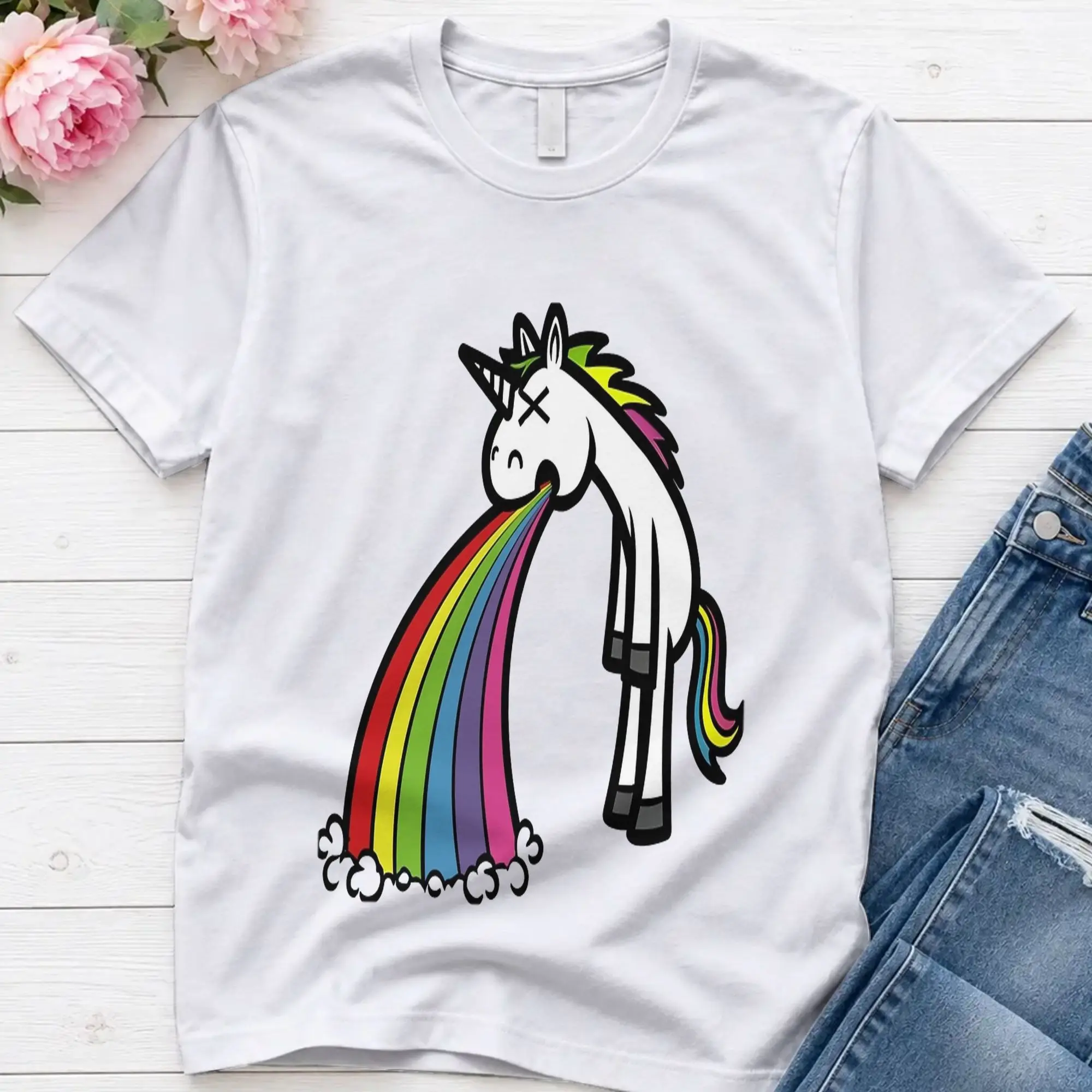 Unique Little Cute Unicorn Puking Rainbow  T-Shirt Men Crew Neck Pure Cotton T Shirt  Short Sleeve Tees Big Size Tops
