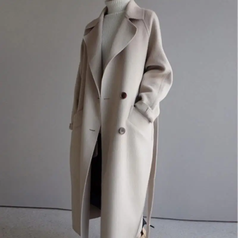

Women's Knee-Length Woolen Coat Autumn New Style Loose Fitting Waist-Cinching Mid-Length Leather Fabric Collar Coat