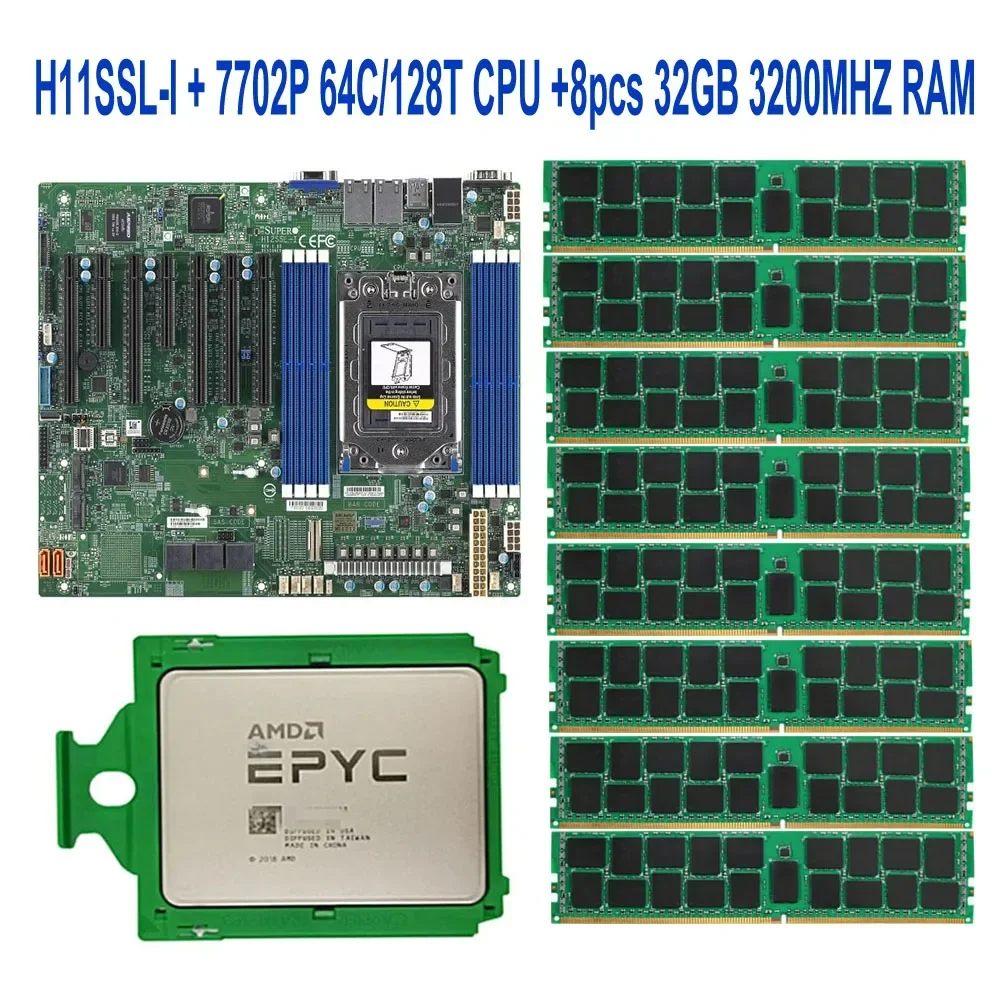 For Supermicro H11SSL-I REV2.0 Motherboard  / EPYC 7702P 64C/128T SP3 200W CPU Processor  / 8* 32GB = 256GB DDR4 3200mhz RAM Mem