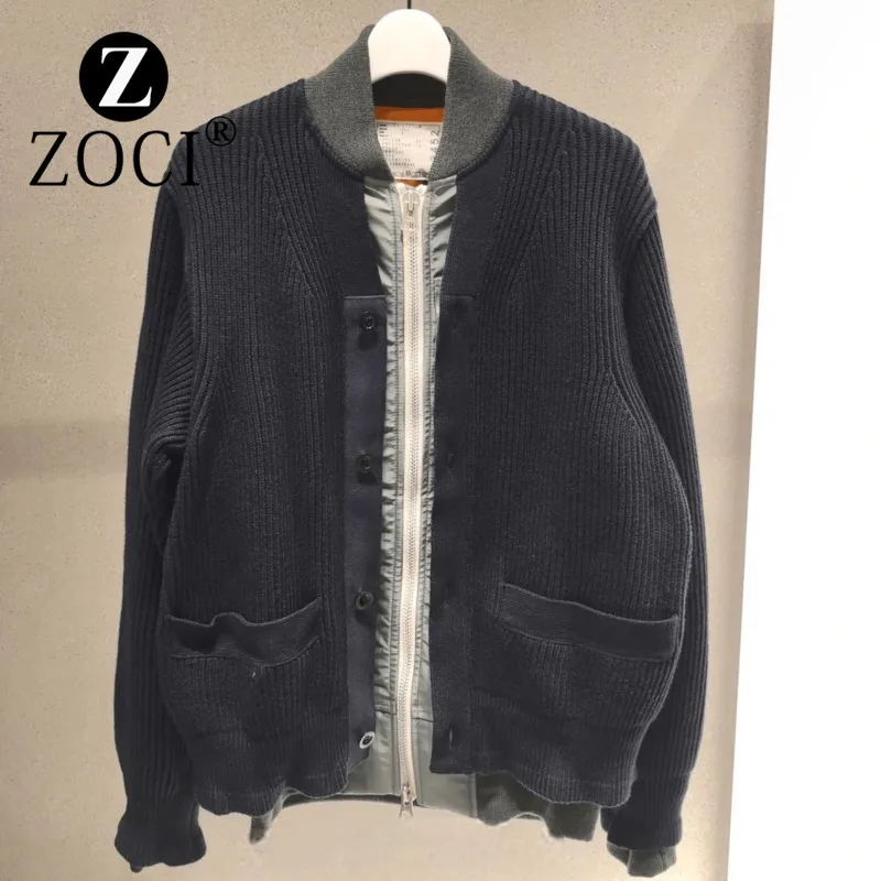 [ZOCI] Autumn New Woolen Round Neck Knitted Jacket Splicing Coat Women