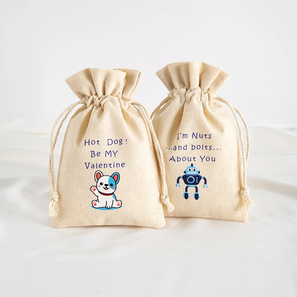 5pcs Valentine‘ s Day Jewelry Drawstring Canvas Bag Muslin Cotton Treat Pouch Candy Gift Linen Pockets for Kids Boy Party Favors