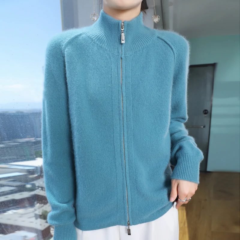 Fashion Basic Women Merino Wool Sweater Stand-up Collar Double Zipper Cardigan Autumn Winter Cashmere Knitwear Solid Color Tops