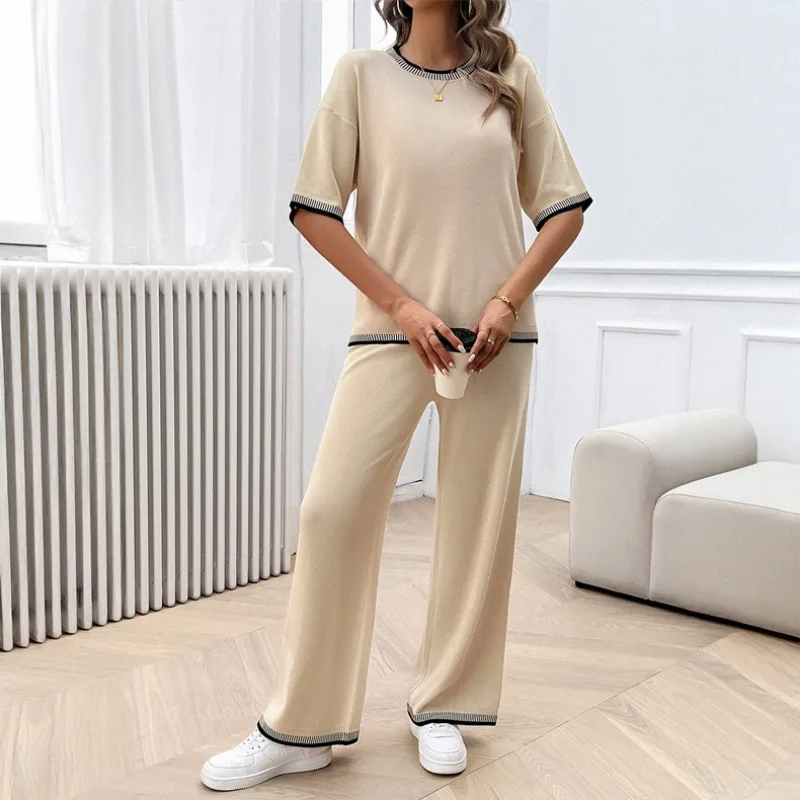 Ensemble T-shirt et pantalon pour femme, décontracté, 2 pièces, taille élastique, printemps, été, nouveau, 2024