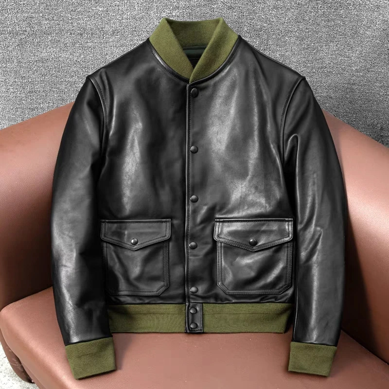 

New Men's A1 Flight Suit Jacket First Layer Waxed Horse Leather Jacket Slim Short Stand Collar Baseball Coat