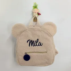 Mochila de oso de peluche bordada personalizada para mujer, bolso de hombro portátil con nombre personalizado, bolsa de compras de viaje para niños