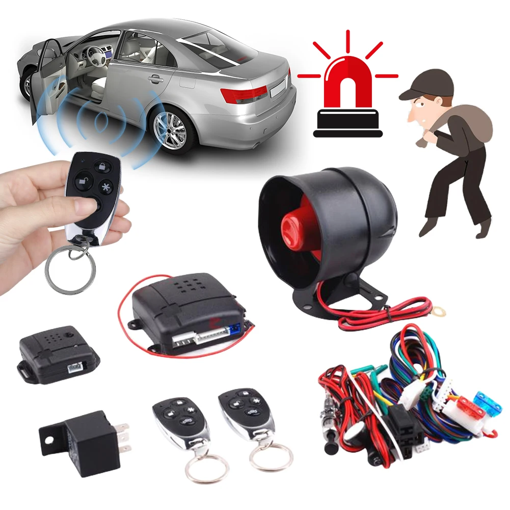 Universal Car Auto Burglar Alarm Protection with Siren and Wiring Harness Remote Control Door Lock Vehicle Keyless Entry System