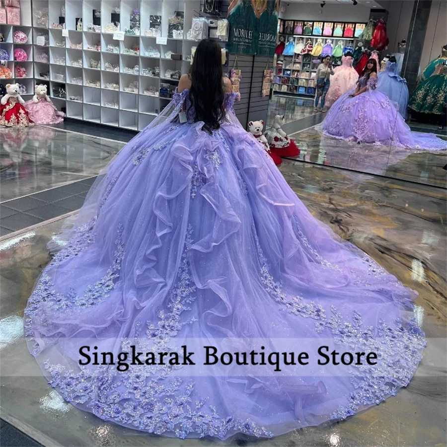 Lavender Princess Quinceanera Dress Flowers Ball Gown Crystals Flowers Beads Tull Sweet 16 Vestidos 15th Birthday Customized