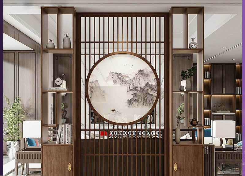 New Chinese-style screen partition porch cabinet living room solid wood grille office entrance door Bogu rack