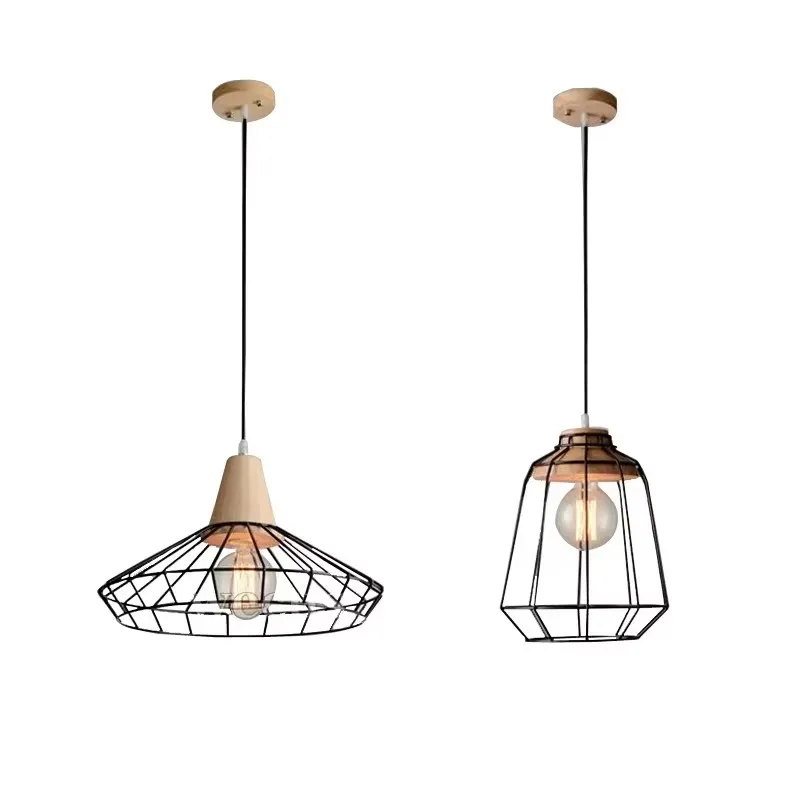 

Retro Chandelier Loft Restaurant European Dining Room Living Room Aisle Cafe Imitation Wood Iron Cage Headlight Pendant Lamp