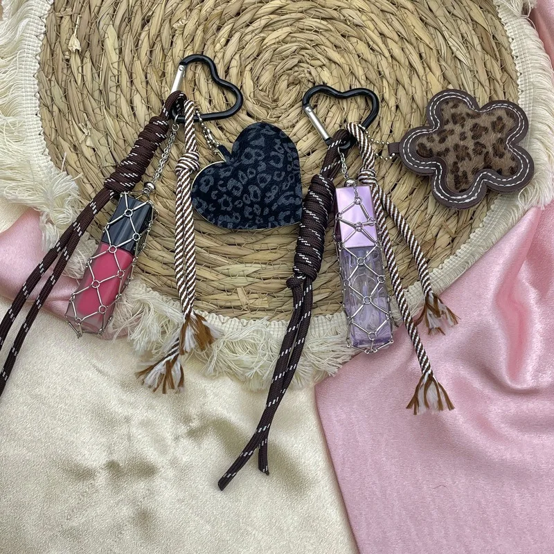 10PCS Creative Versatile Simple Fashion Leopard Pattern Plush Love Keychain Lipstick Mesh Bag Pendant Accessories