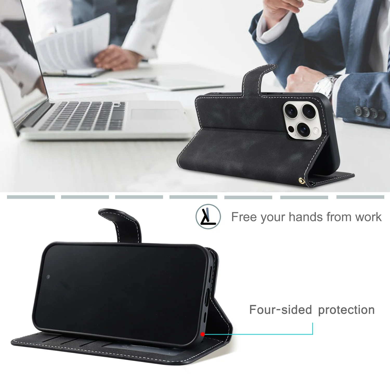 حافظة جلدية لهاتف آيفون 16 Plus 15 14 13 12 11 Pro Max 16E Xs Xr 8 7 حافظة بطاقات Book Coque غطاء هاتف مع حبل قصير #4