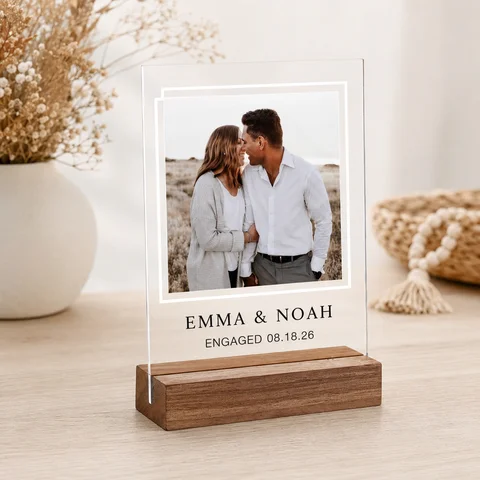 Personalized Acrylic Photo Plaque Custom Square Engagement Picture Frame With Wooden Base Photo Keepsake Unique Gift For Couple