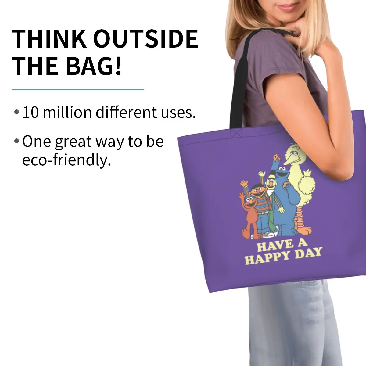 مخصص إعادة تدوير كوكي الوحش حقيبة تسوق المرأة قماش الكتف حمل حقيبة دائم أكياس البقالة التلفزيون الأطفال #2