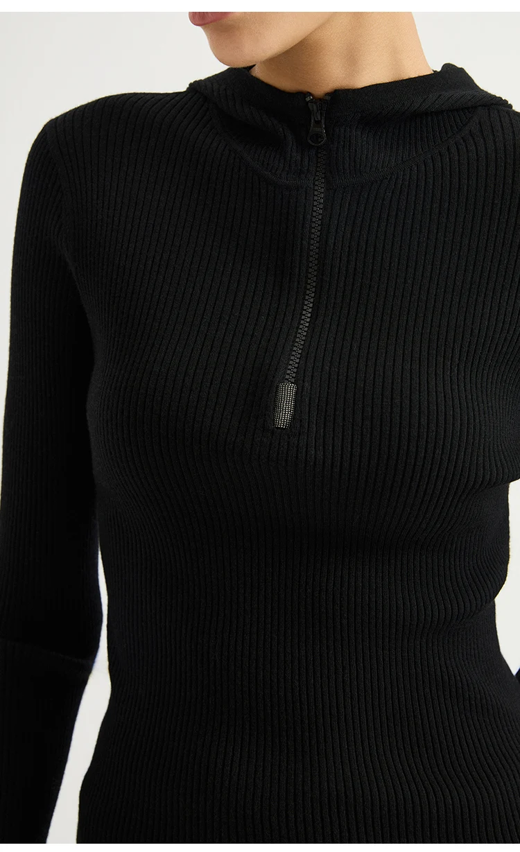 BY4621718 Damen-Kapuzenpullover mit halbem Reißverschluss, 100% Wolle, breiter Rippstrick, lange Ärmel, Diamantketten-Emblem, schmale Passform, dezenter Luxus für den Herbst – Detail 9