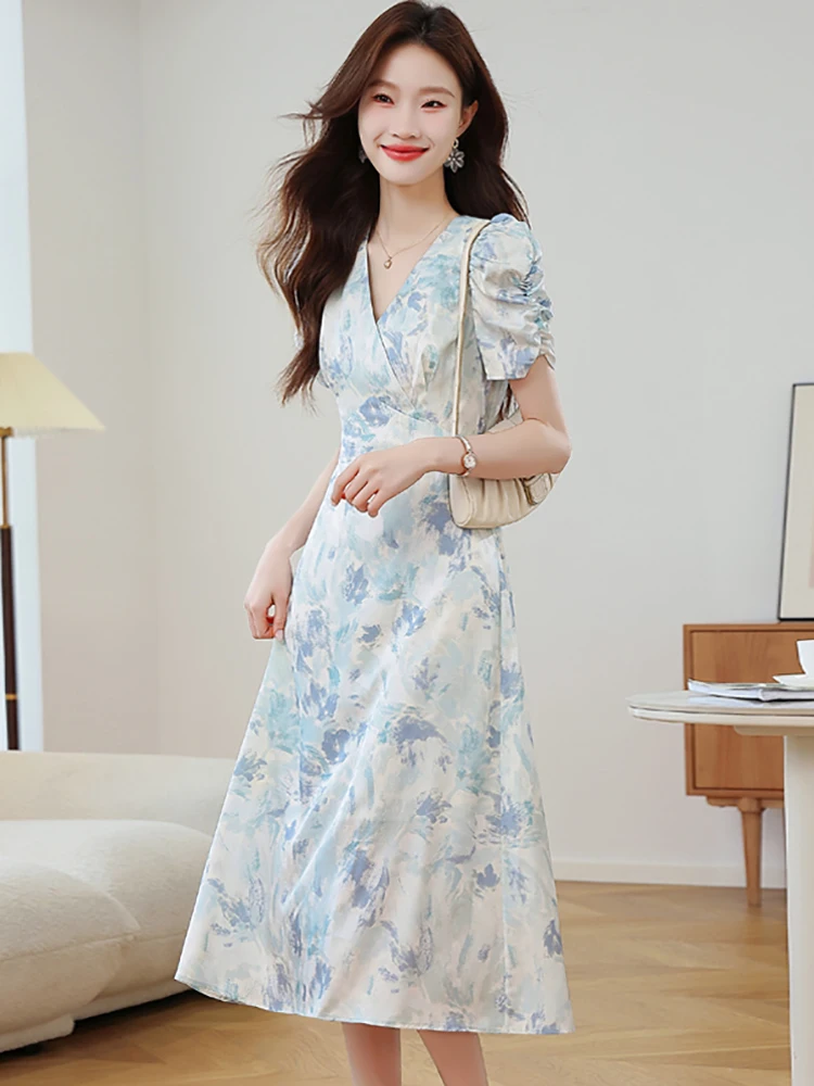 

2025 Новое синее длинное платье с пышными рукавами и v-образным вырезом, женское элегантное повседневное домашнее платье, летние корейские модные облегающие платья на день рождения