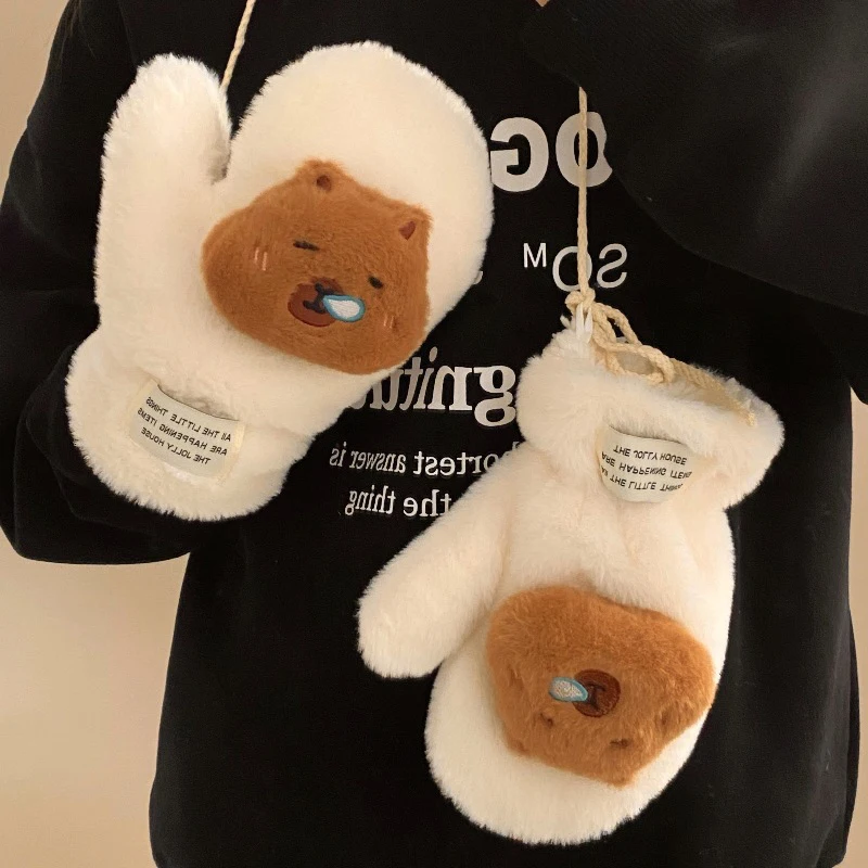 

Cute Plush Capybara Gloves Double Layer Warm Hanging Neck Mittens Scarf Cold-proof Warm Lanyard Kawaii Winter Cycling Glove