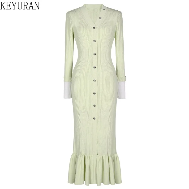 Autumn Korean Knitted Maxi Dress Women V Neck Long Sleelve Single Breasted Bodycon Dresses Office Lady Elegant Party Vestidos