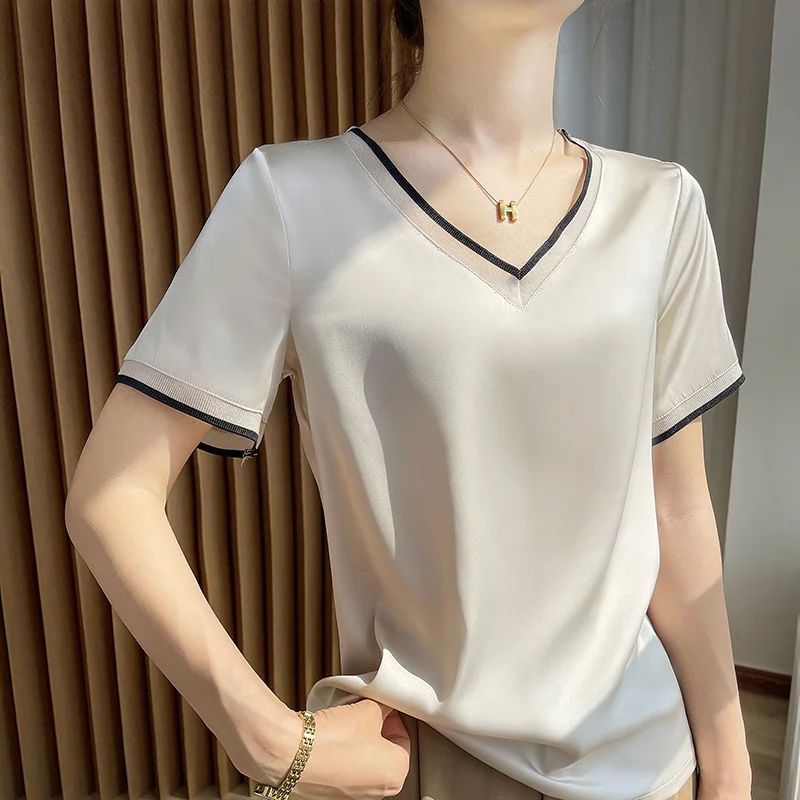 Summer Shiny Satin Silk Tshirt Women Harajuku T Shirt Women Short Sleeve Solid Color T-shirt Woman Tee Tops Casual Female Luxury