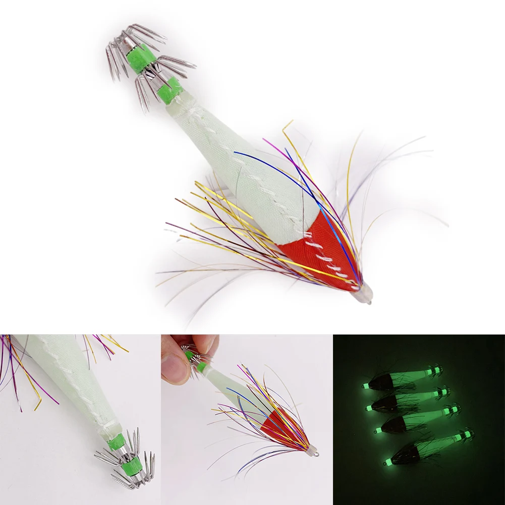 

1PC 6g/8cm Fishing Bait Luminous Wooden Shrimp Squid Hook Fake Bait Fish Hook Fishing Tackles Accessory