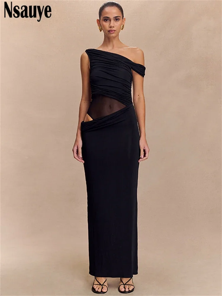 Verão roupas femininas moda elegante clube longo malha fora do ombro maxi bodycon oco para fora vestido sexy vestido de festa à noite