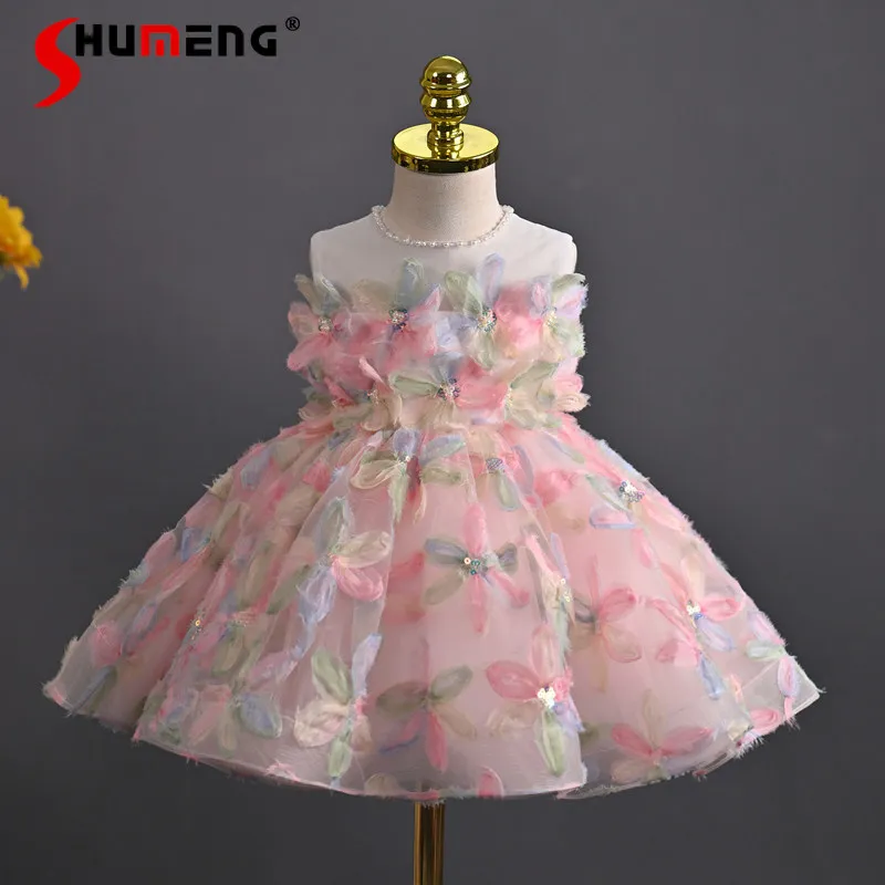 Birthday Party Flower Dress for Girls Luxury Performance Host Princess Dress Children's Sleeveless High Waist Short Dress