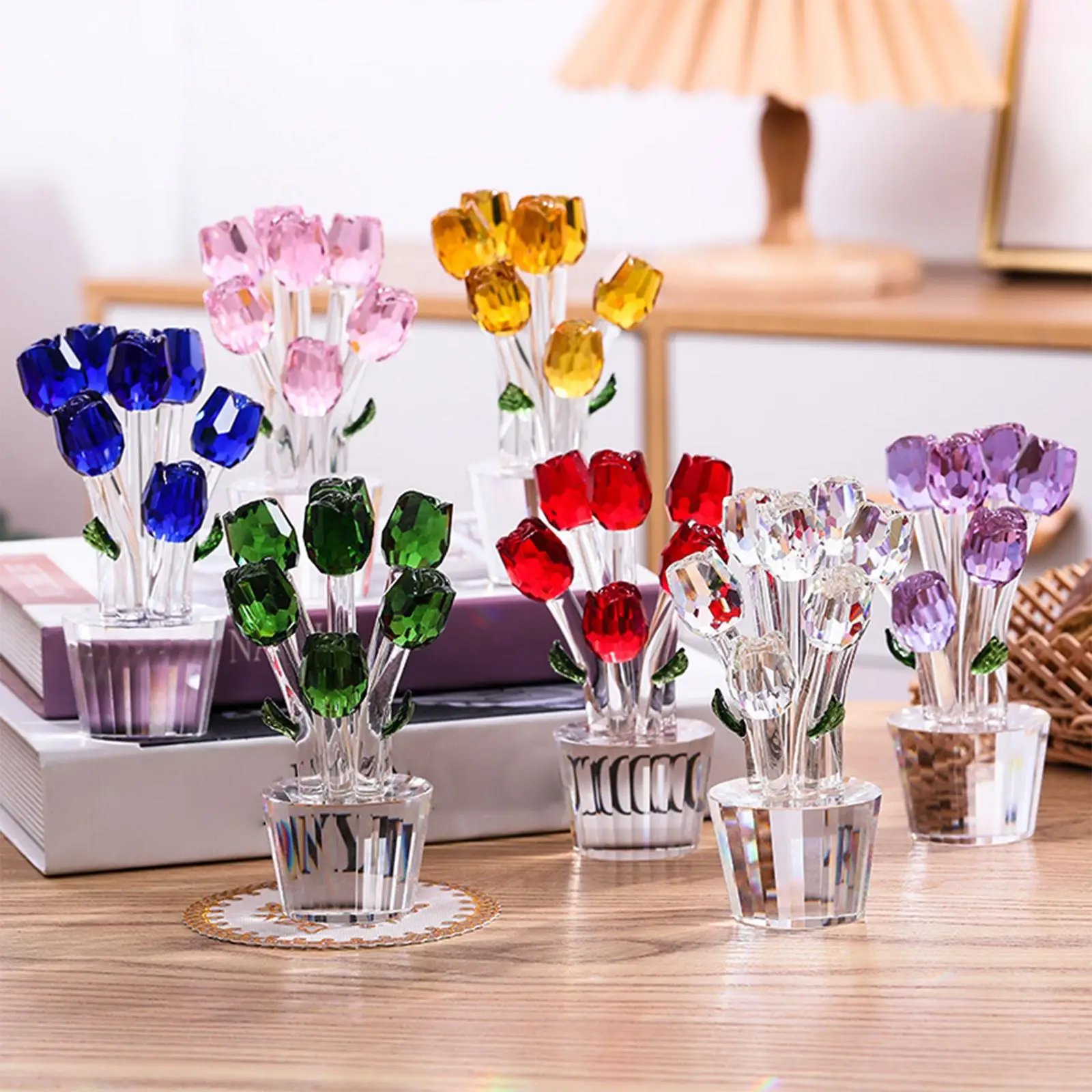 Realistic Crystal Glass Roses Flowers Bouquets Ornament Miniature Home Decor for Bookshelf Cabinet Wedding Party Gift for Women