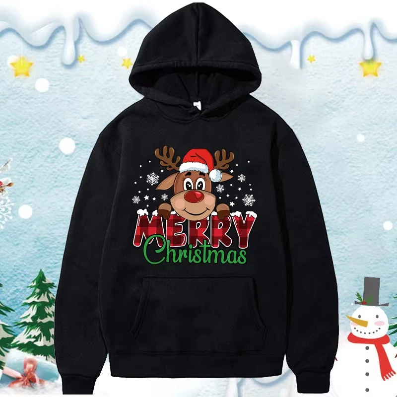 Unisex-Stil, festliches Weihnachts-Sweatshirt mit Rentier- und Karomuster, lässig, lockere Passform, langärmelig, Kapuzenpullover mit Rundhalsausschnitt