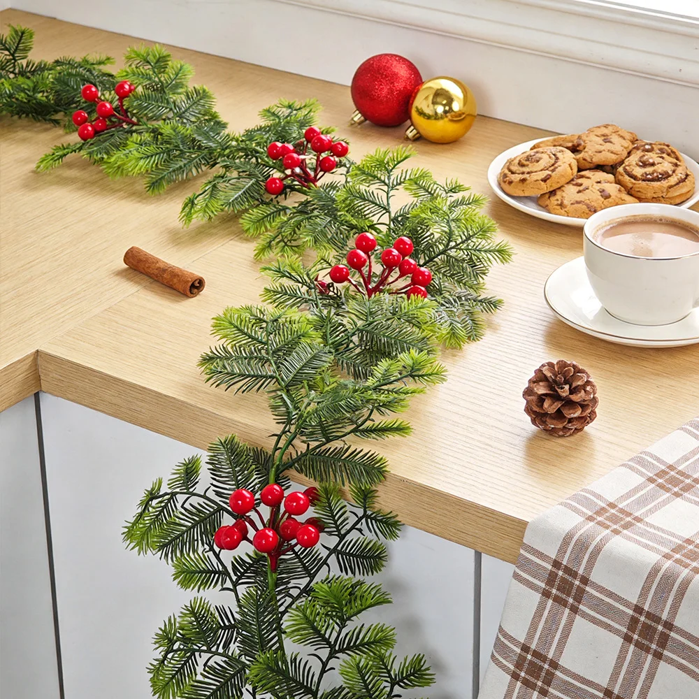 175cm Artificial Christmas Pine Vines Fake Hanging Plants Rattan Faux Persian Garland With Red Fruits For Xmas Home Party Decor