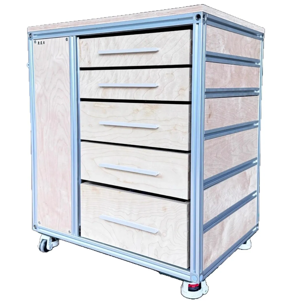 

Birch, aluminum profiles, side cabinets, drawers, lockers, storage, removable, trolley